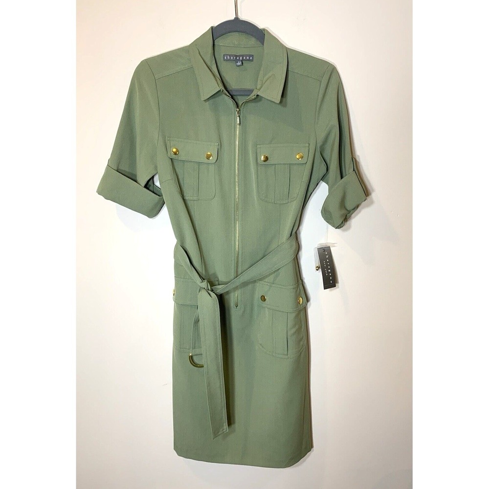 Sharagano Dress Womens 6 Green Utility Sheath Short Sleeve Safari New wTags